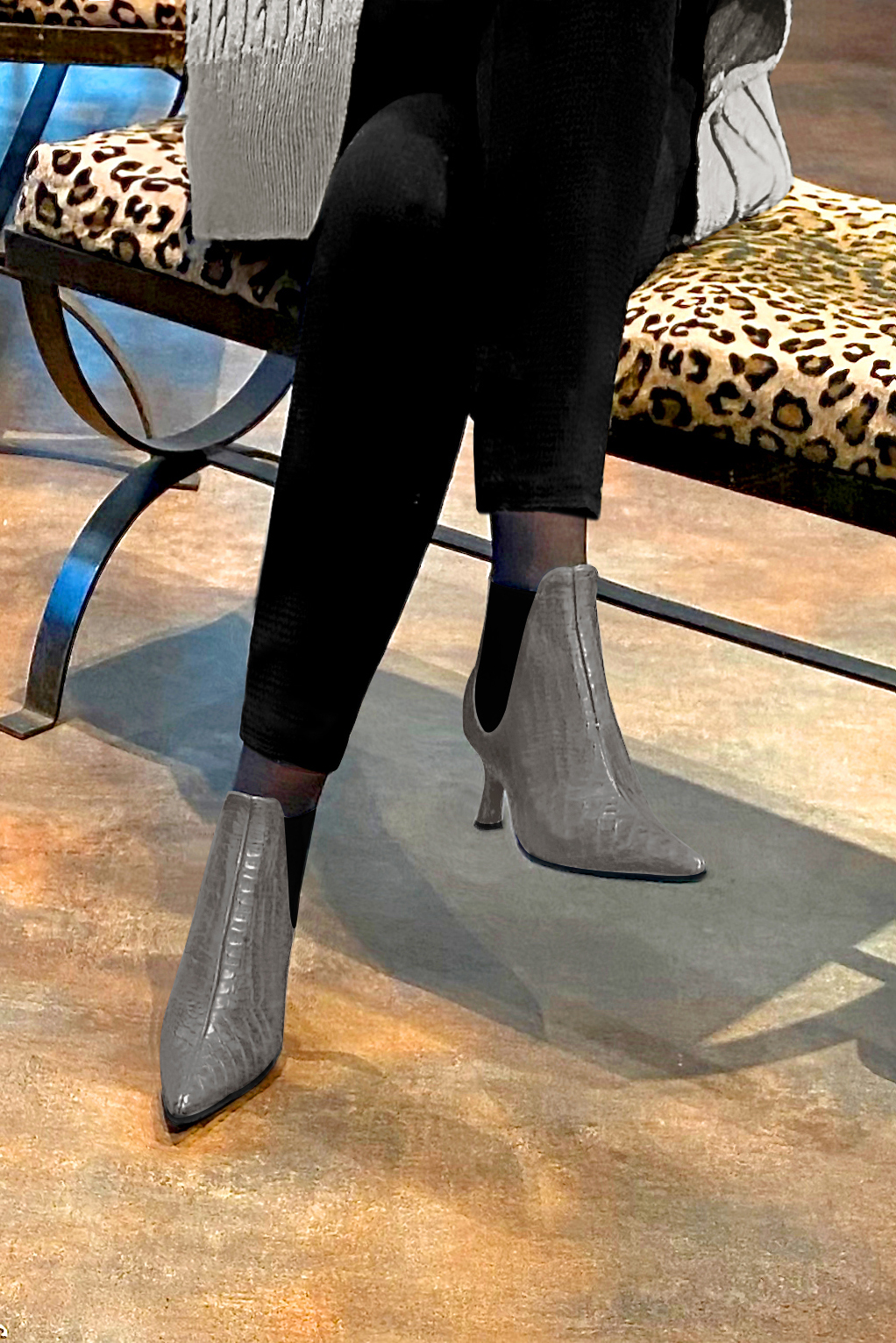 Ash grey and matt black women's ankle boots, with elastics. Pointed toe. Medium spool heels. Worn view - Florence KOOIJMAN